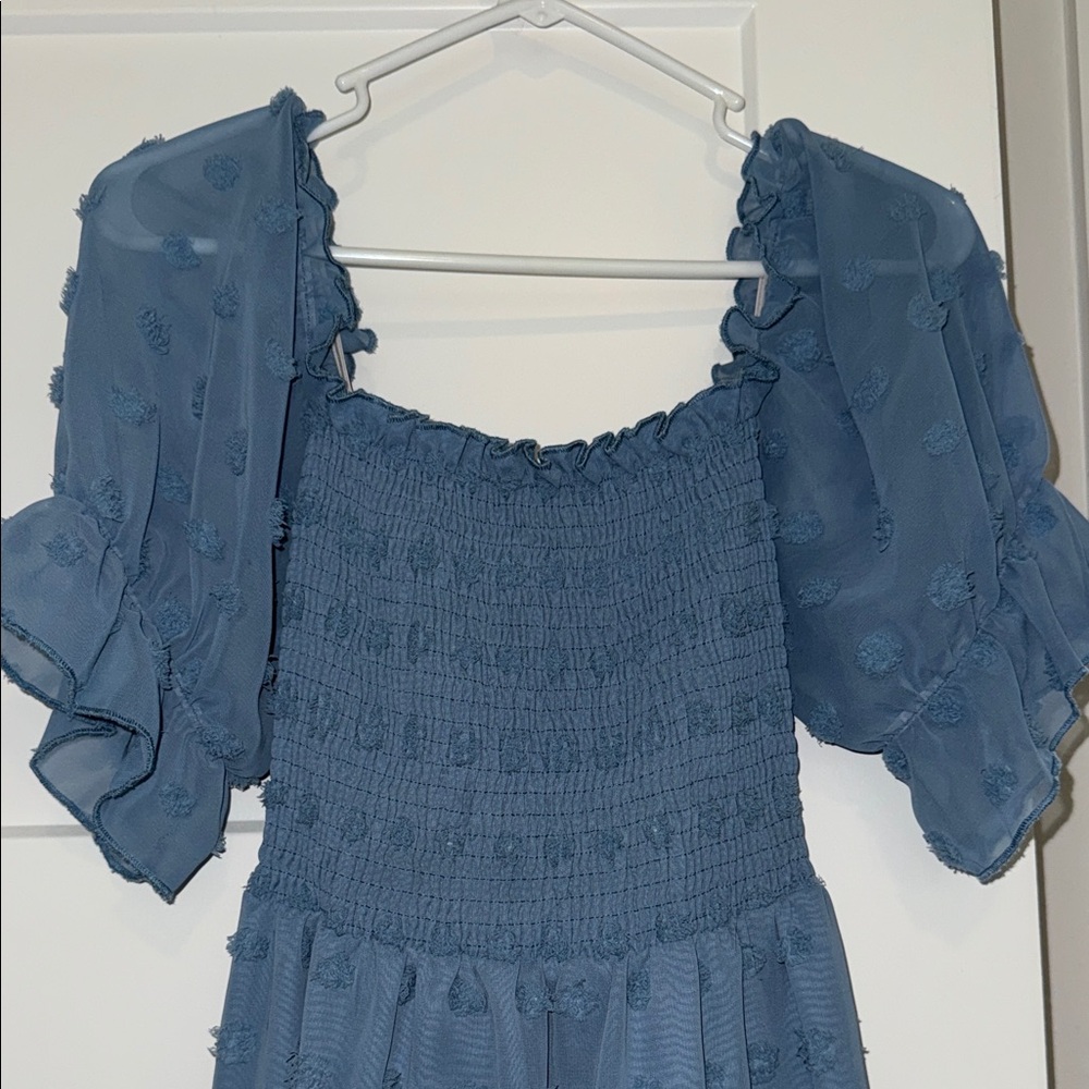 Blue Smocked Dress with Sheer Sleeves
